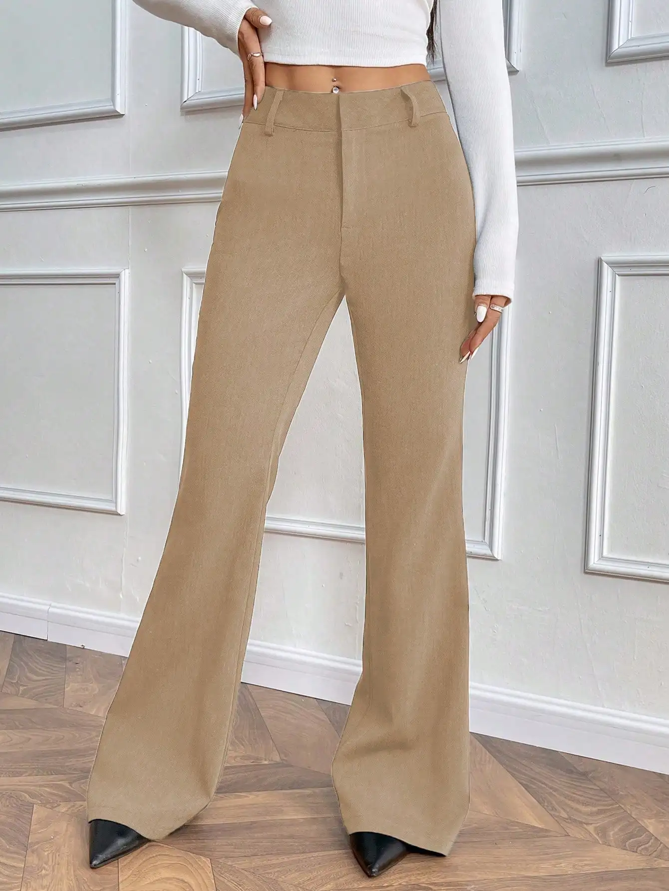 Nice Fashionable Low-waisted Trumpet Foot Mouth Upper Waist Front Door TR Twill Fabric Autumn And Winter Ladies Trousers