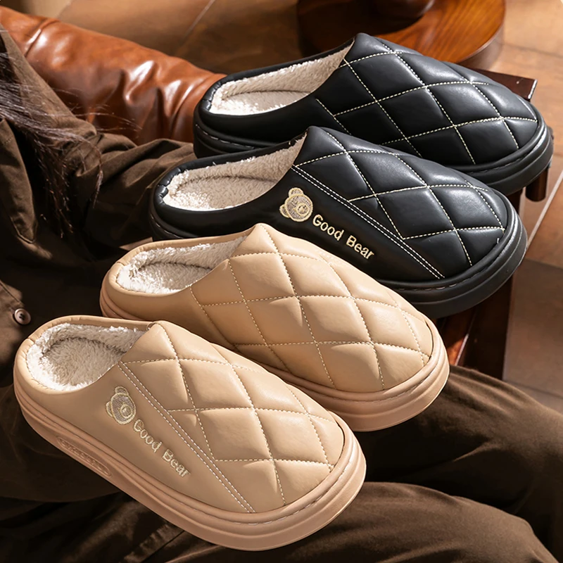 شباشب رجالية شتوية داخلية مقاومة للماء ومنصة مضادة للانزلاق أحذية قطنية منزلية للنساء من الفرو المسطح القطني لغرفة النوم #6