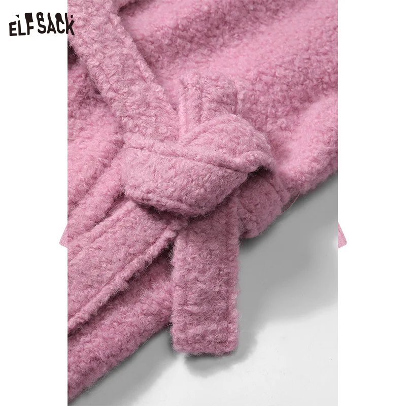 ELFSACK Pink Warm Wool Coats Women 2023 Winter Sweety Loose Long Outwears