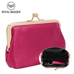 Royal Bagger Vintage Coin Purse for Women Genuine Cow Leather Clip Card Holder Simple Key Holders with Kiss Lock 1496