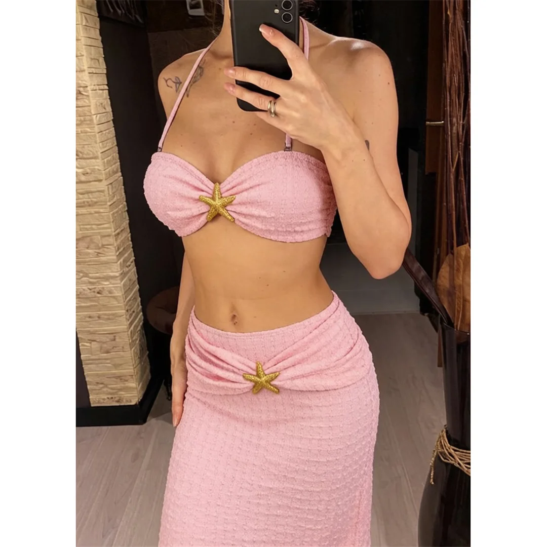 Mit Rock Metall Seestern Neckholder-Bikini Damen-Badebekleidung Dreiteiliges Bikini-Set Badeanzug Badebekleidung Schwimmen V8372 – Detail 2