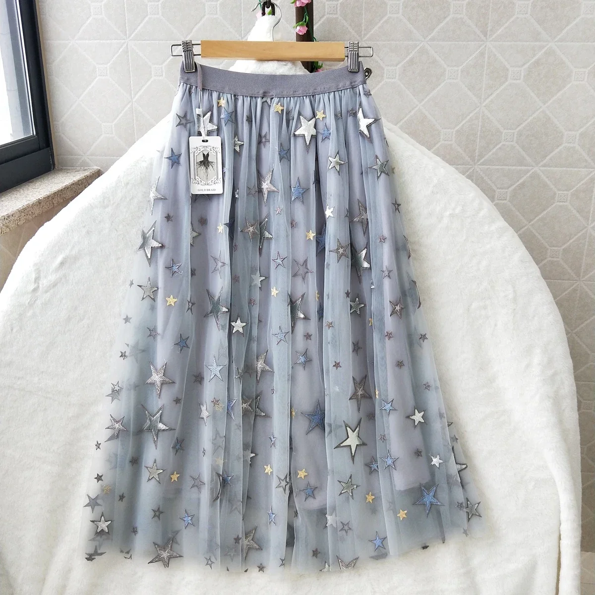 

New Summer High Quality Heavy Industries Embroidery Star Sky Mesh Half length Skirt Fairy Tide