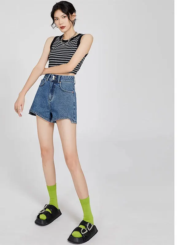 Pantaloni caldi a vita alta a gamba larga in denim a vita alta blu intenso da donna sottili estivi nuovi pantaloni caldi a trapezio a vita alta versatili dimagranti larghi