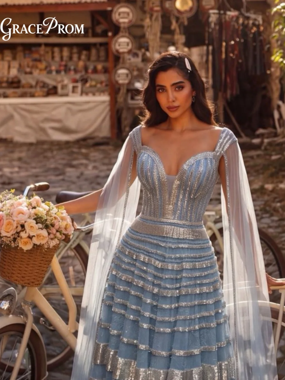 Luxury Dusty Blue Sweetheart Tiered Tulle Prom Dress Sequins Sheer Cape Sleeves Evening Dresses For Wedding Guest  فساتين السهرة