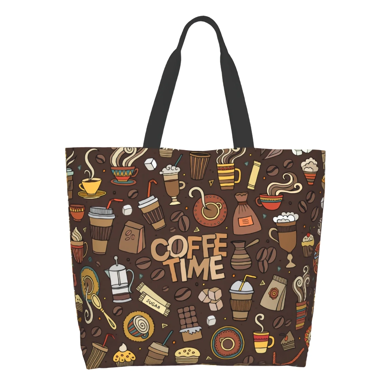 Coffee Time Shopping Bag Reusable Cartoon Coffee Tote Bag Brown Shoulder Bag Casual Lightweight Large Capacity