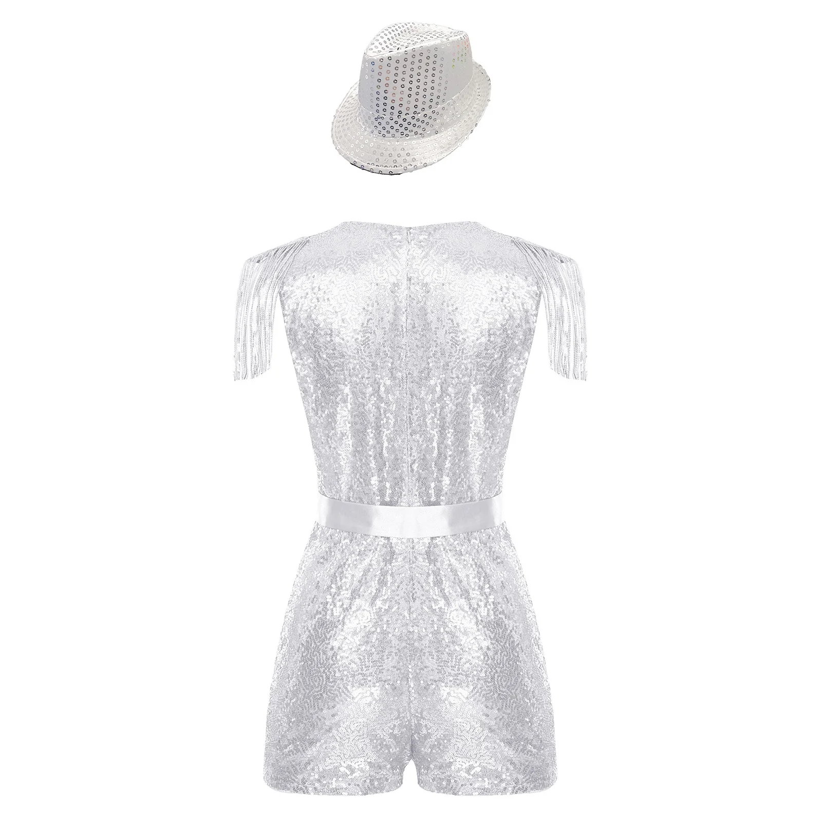 Womens Jazz Disco Dance Costume V-neck Sleeveless Sequin Tassels Jumpsuit with Belt and a Hat for Carnival Raves Music Party view 2