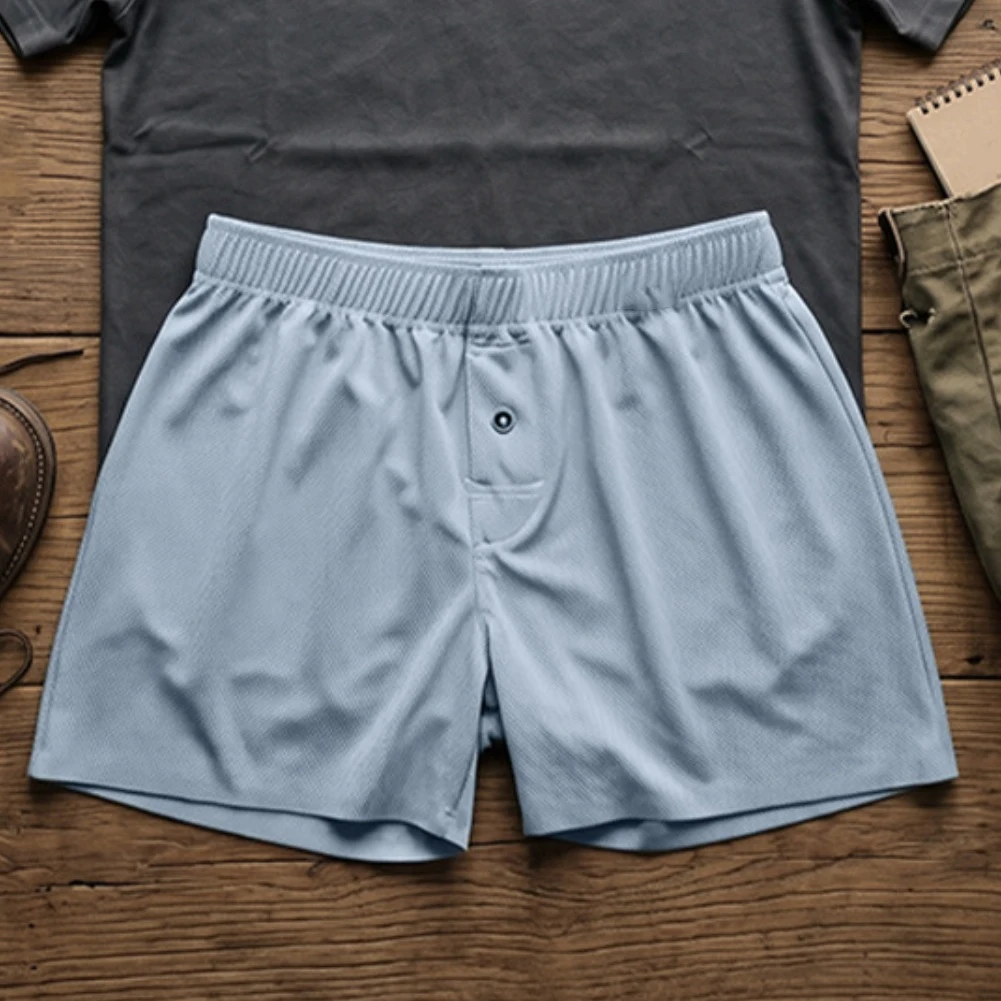Men's Ice Silk Loose Underwear Thin Home Solid Panties Mid Waist Boxers Briefs  Soft Button Knickers Middle Waist Underpants