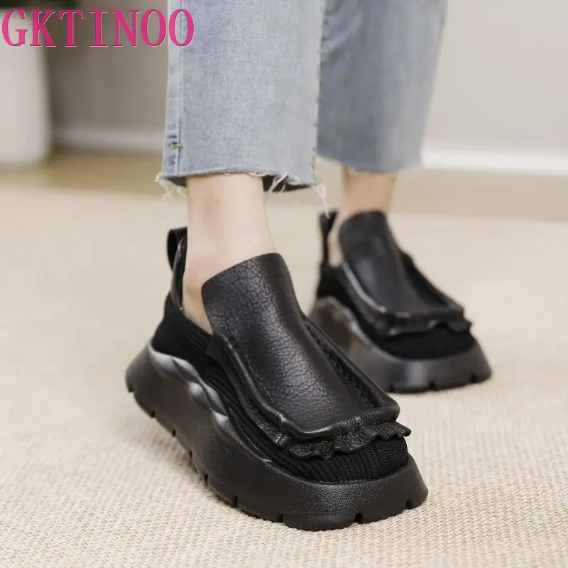 GKTINOO 2024 Loafers Women Flat Platform Shoes Square Toe Flats Thick Heel Elegant Genuine Leather Deep Mouth Ladies Shoes