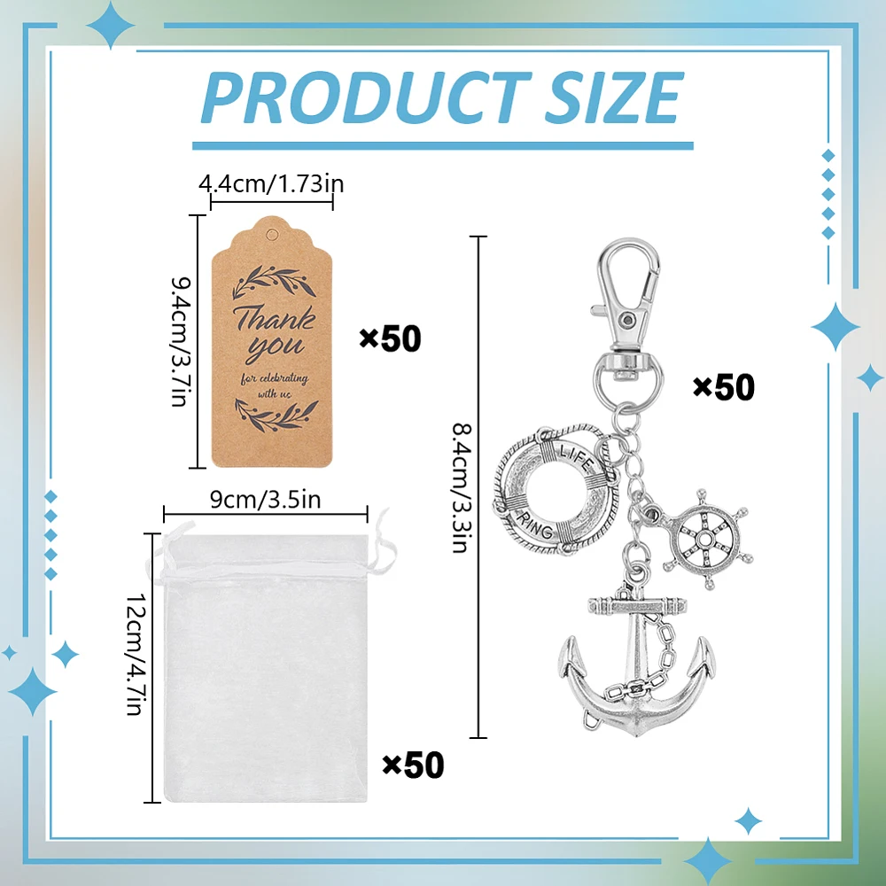 50 Sets Nautical Party Favors Anchor Keychain Ocean Themed Party Wedding Favors Souvenirs Gifts with Rudder Lifebuoy Drawstring
