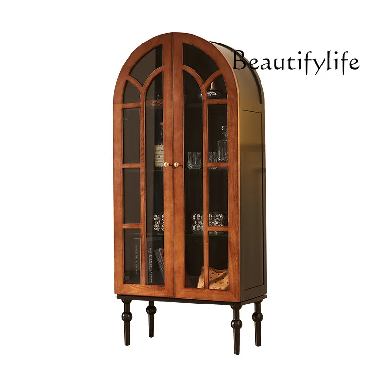 

French retro solid wood wine cabinet household living room arched integrated display cabinet high-end storage side cabinet