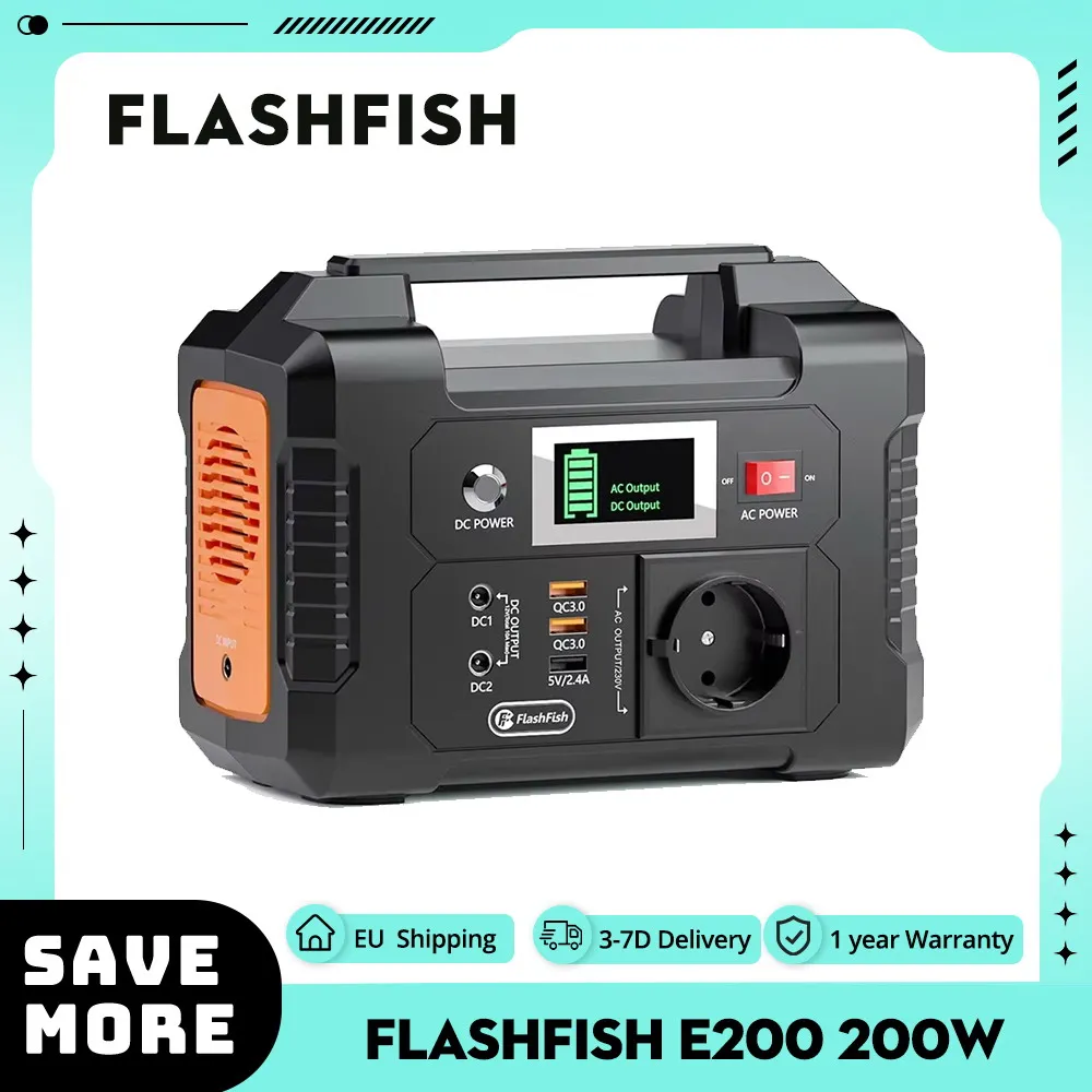 FlashFish E200 200W Portable Power Station 151Wh Lithium Battery 1x Pure Sine Wave AC220V Output for RV Camping Van