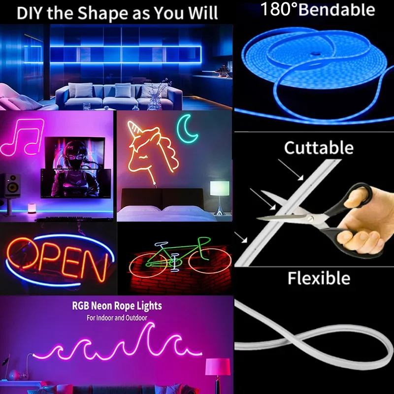 DC 5V RGB Neon LED Strip Rope Lights 1M 2M 3M 5M Tuya WiFi RGB Neon Tape For Christmas Decoration Waterproof Silicone Tube Lamp