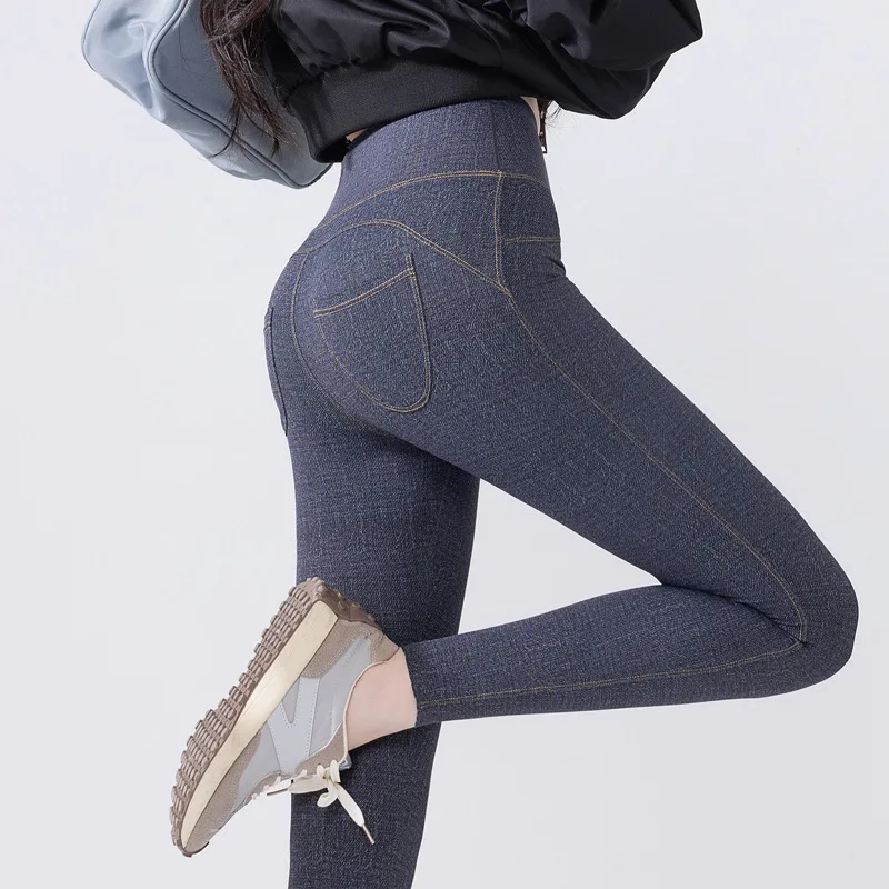 Sexy High Waist Faux Denim Pant Women Stretch Tight Hip Lifting Casual Leggings Woman Autumn Winter Fleece Jeans Yoga Leggings