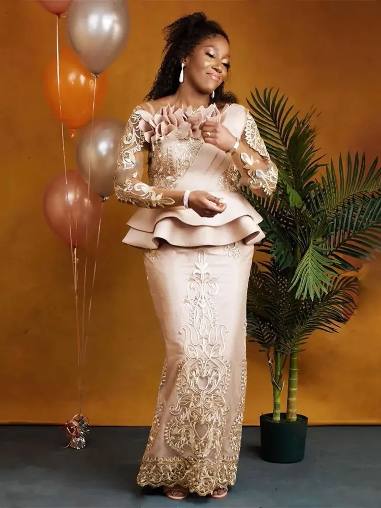 Champagne Prom Dresses Long Sleeve Ruffles Peplum 3D Lace Appliques Mermaid Formal Evening Gowns Celebrity Party Wear New image 2