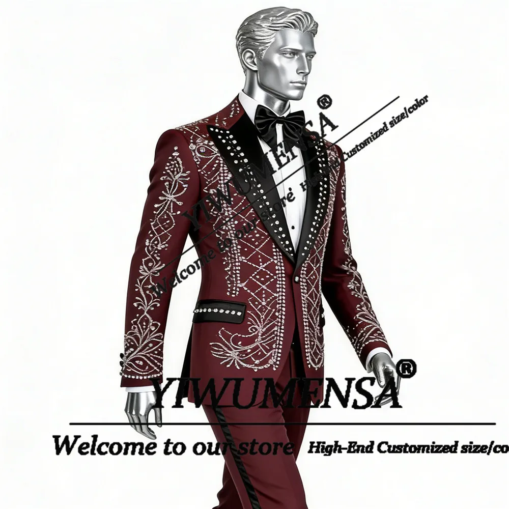 Male Formal Party Groom Tuxedos 2 Pcs Customized Crystals Beaded Stones Prom Blazers Slim Fit Man Banquet Attire costumes hommes