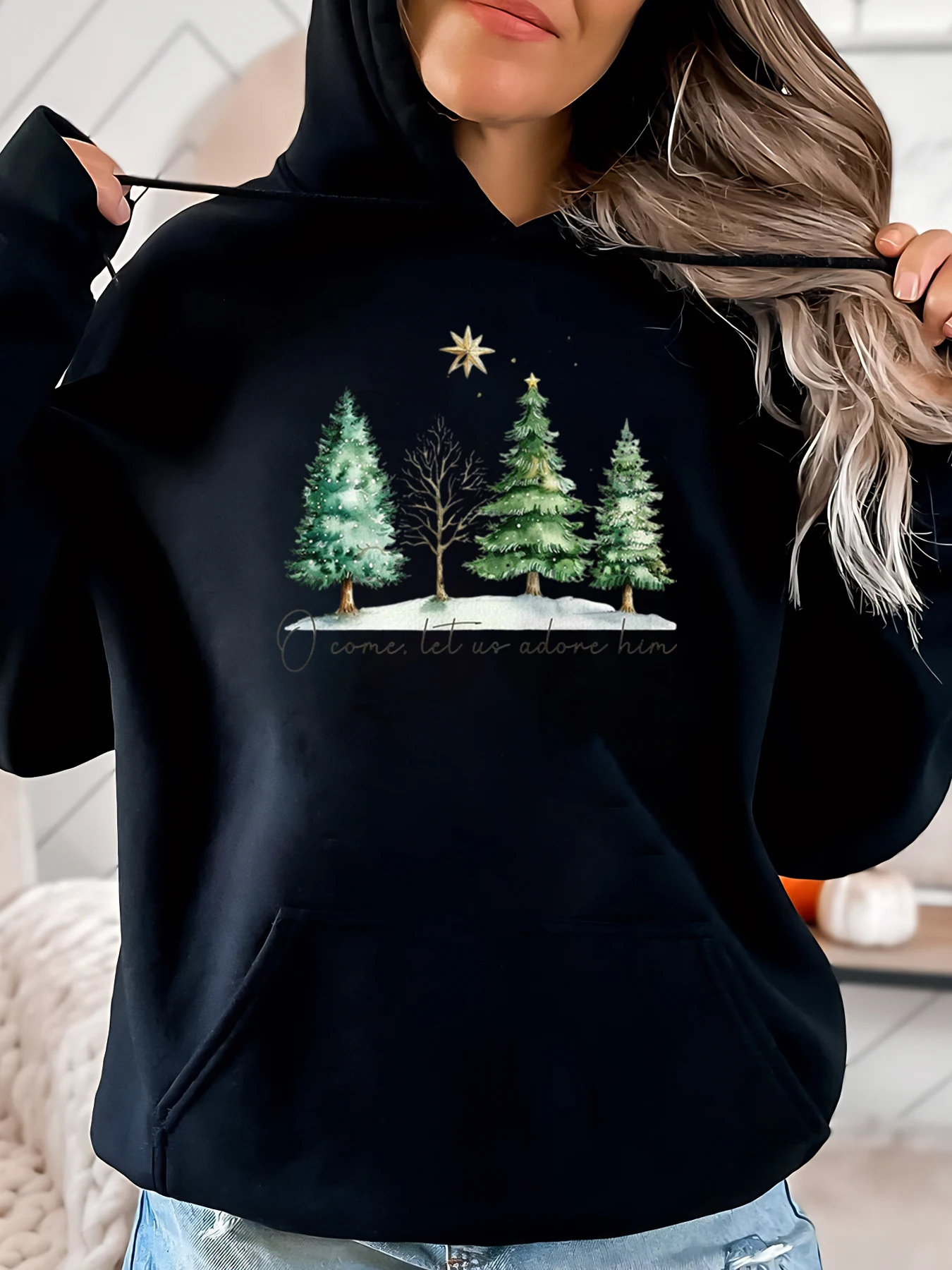 

Christmas Tree and Star Print O Come Let Us Adore Him Holiday Hoodie Women Casual Winter Wear Black Plus-Size