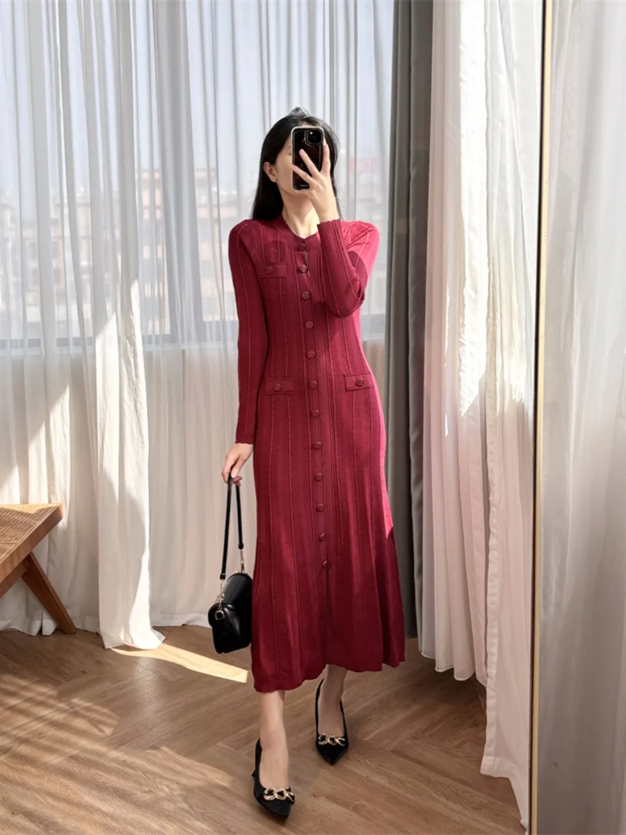 

Evening Dress Hollow Out Dress with Round Neck, Solid Color Buckle, Long Sleeved Knitted Women's S Home,3-color French Elegance