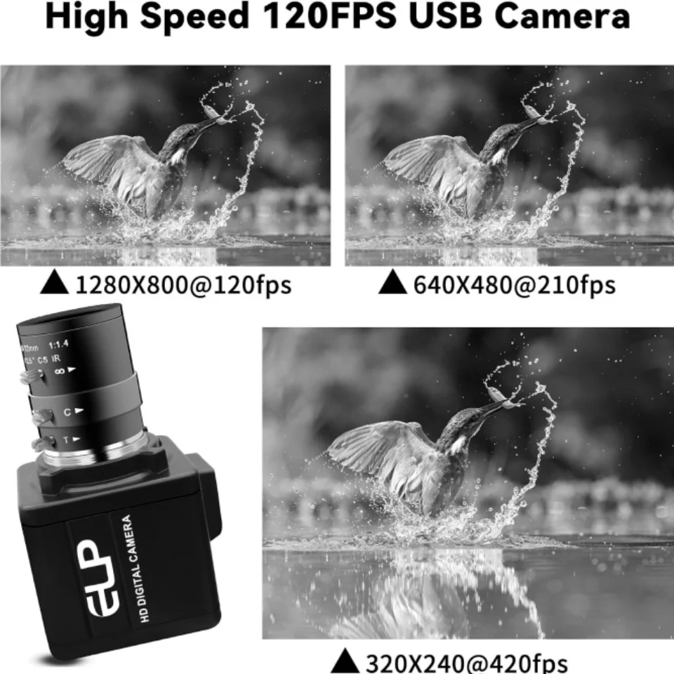 Global Shutter USB Camera, 800P Monochrome Ultra High Speed Multi FPS Modes 120/210/420/640fps, Manual Focus 2.8-12mm CS Lens,