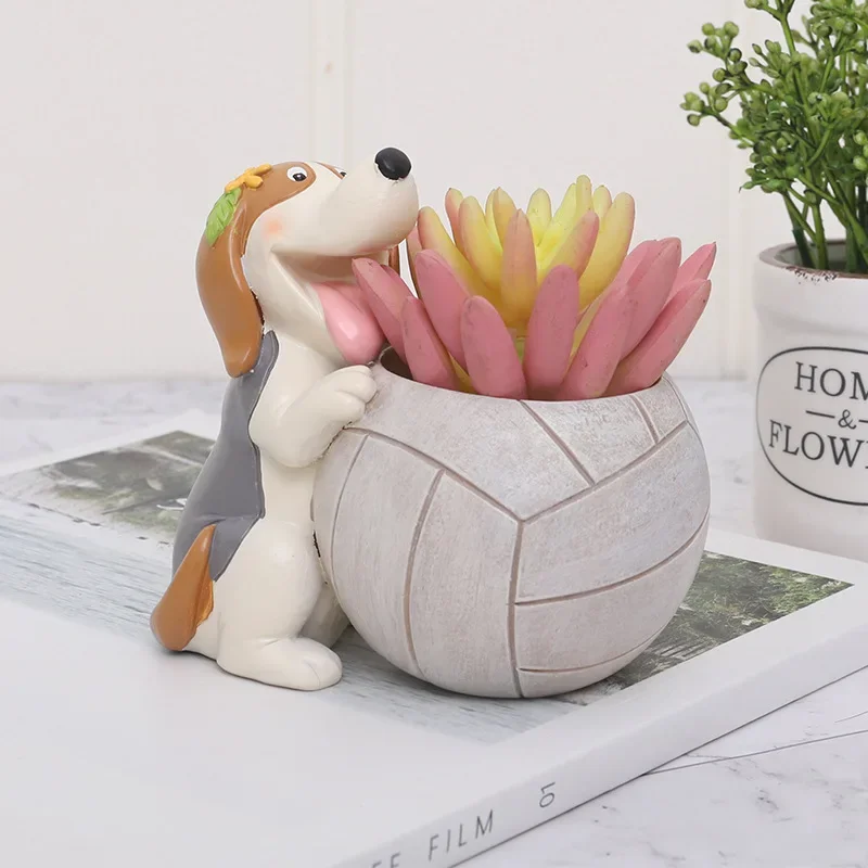 Puppy Ball Games Small Plant Pot Resin Succulent Planter for Home Office Desk Mini Ornament Fairy Garden Flowerpot Decoration