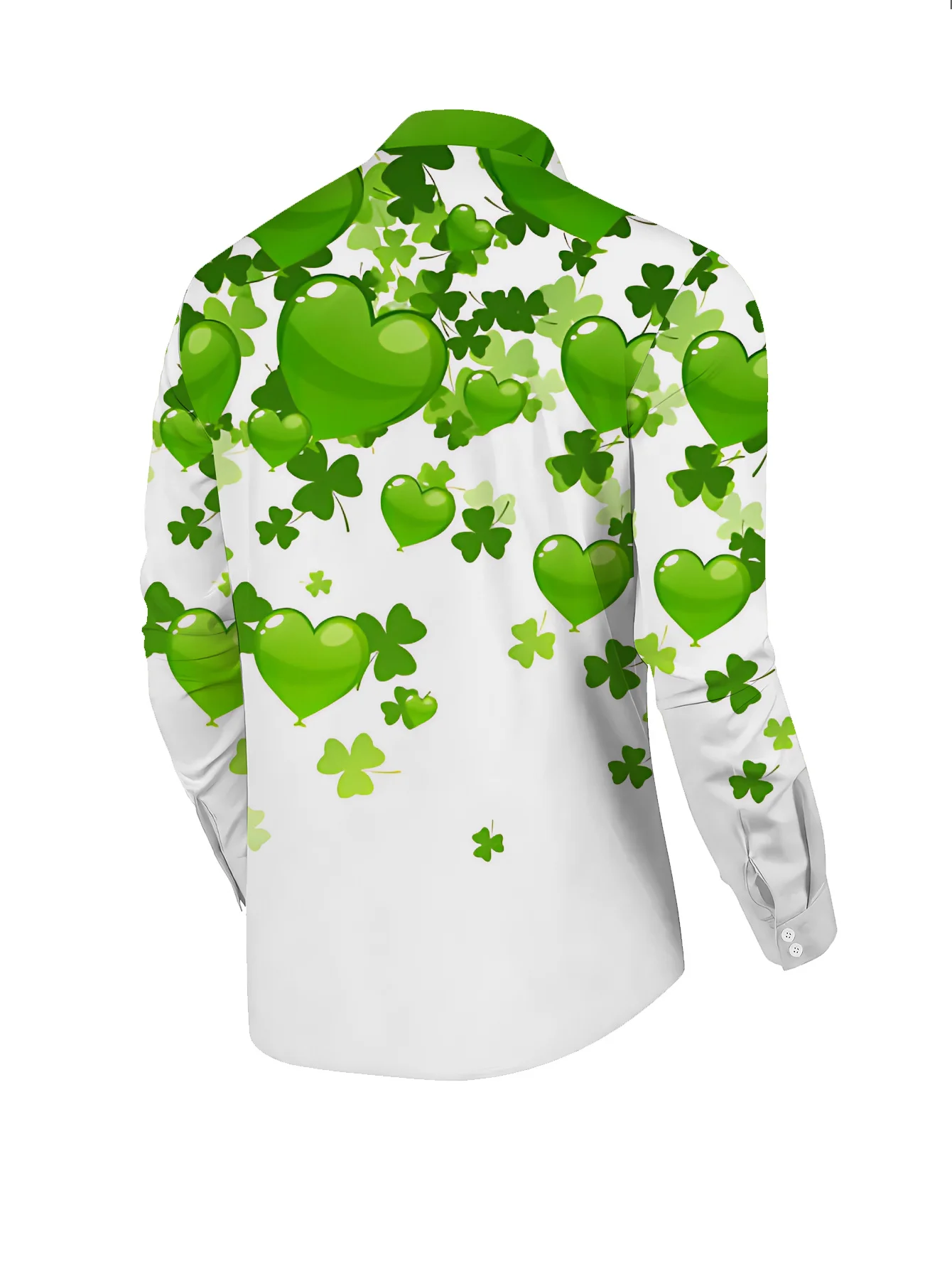 Men Long-Sleeve Button-Down Shirt White Green Shamrock Heart Print Polyester Lapel Collar Holiday Casual Top