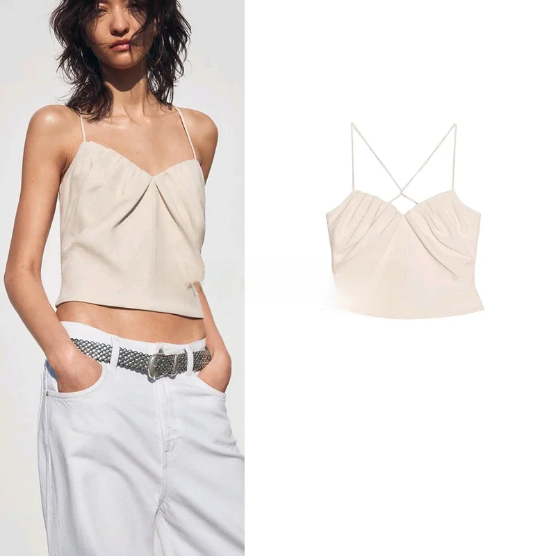 Wiosenna Nowa Damska Bluzka z Mieszanych Włókien z Dekoltem w Kształcie Serca, Plisowana, Prosta, na Cienkich Ramiączkach, Elektryczna, Wygodna, Poliestrowa Kamizelka