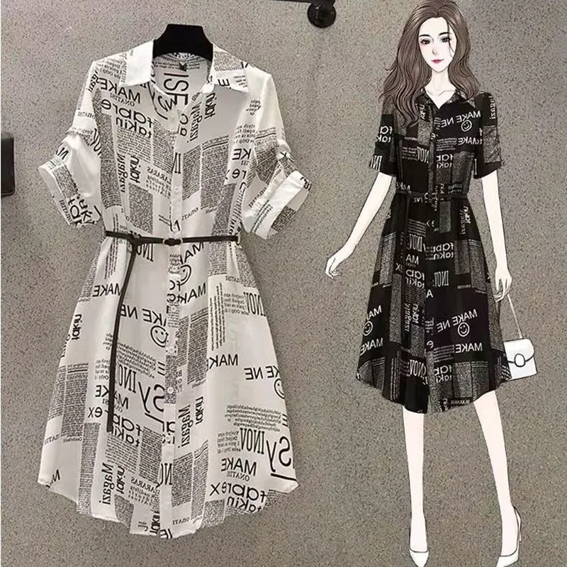 Große Größe frauen Sommer Neue Kleid Fett Schwester Schlanke Taille Retro Vestidos Hong Kong Geschmack Unregelmäßigen Gedruckt Hemd Kleider weibliche