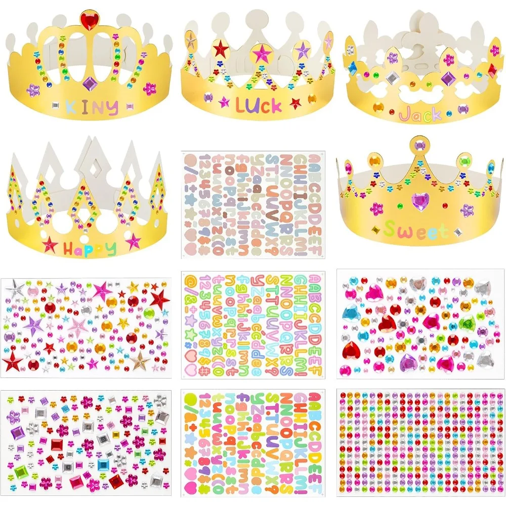 Kids King Princess Paper Crowns 15 Pieces Gold Tone, Comes with Gem Alphabet Number Stickers, DIY Accessory for Birthday, Classroom Craft and Party Decoration view 3