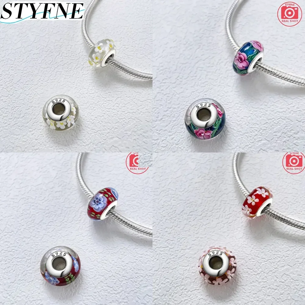 925 Sterling Silver New Shiny Glowing Cute Pink Flowers Murano Original Glass Bead Original Bracelet DIY Fashion Women's Jewelry