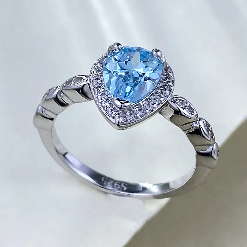 Caibao Ring Women's S 925 Pure Silver 6 * 8mm Sea Blue Gem Ring Style Commuter Hot Selling Jewelry Personalized Fashion