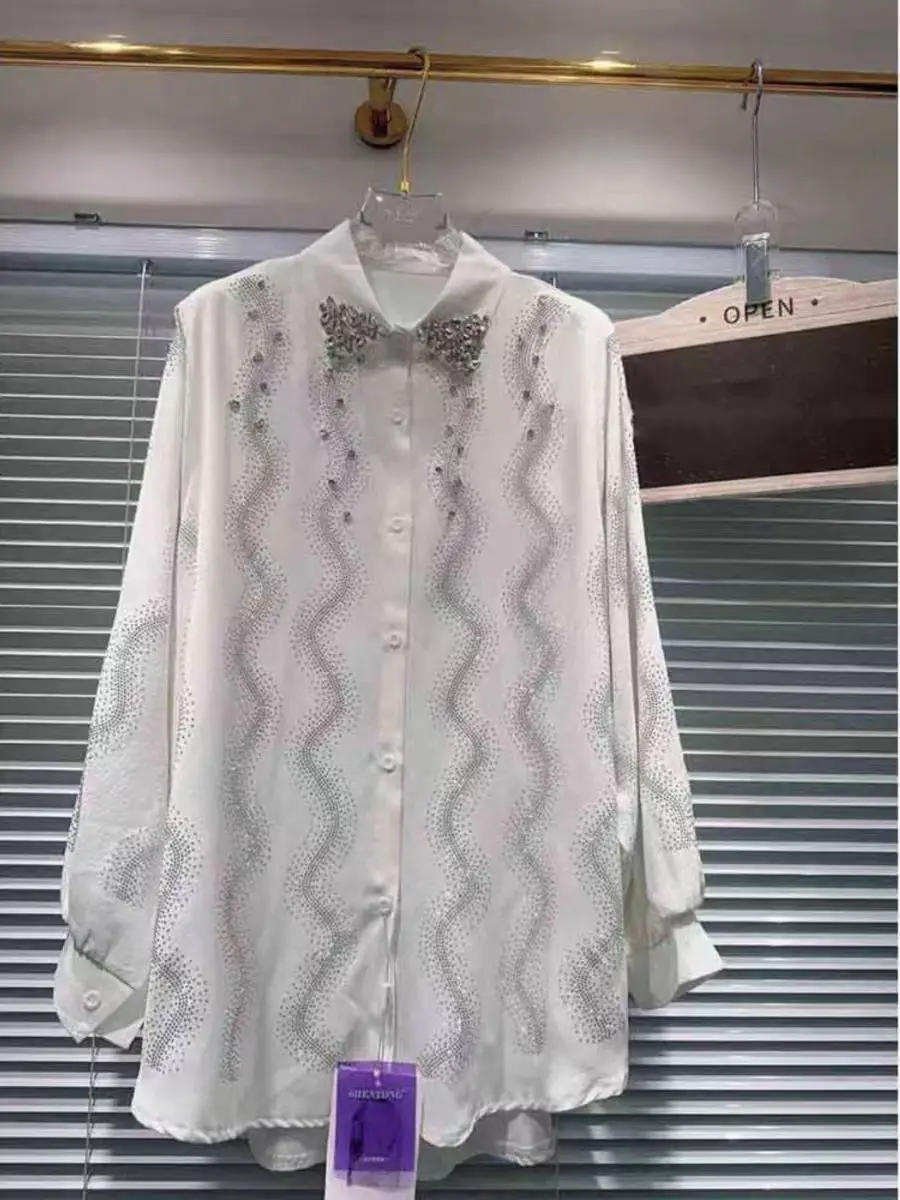 New In 2025 Spring Summer Sequined Hot Drilling Stones Stitch Oversized Shirts Blouses For Women Long Sleeve Chiffon Top Blusas