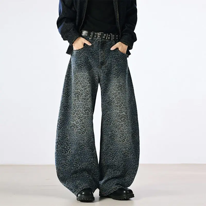 Fashion Men's Gradient Leopard Print Drape Jeans Autumn Loose Straight Vintage High Street Hip-hop Casual Dragging Wide-leg Pant
