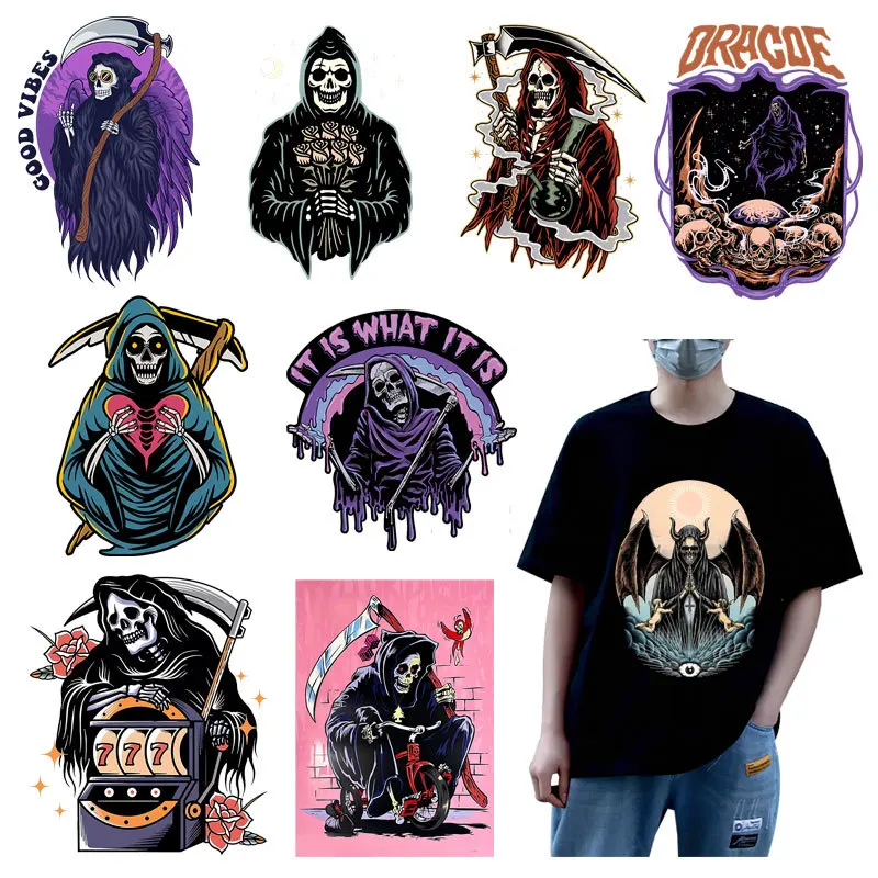 Punk Skull Themed Iron-On Transfer Stickers,Vinyl Heat Transfer Patches for DIY Clothing Backpack Heat Transfer Film