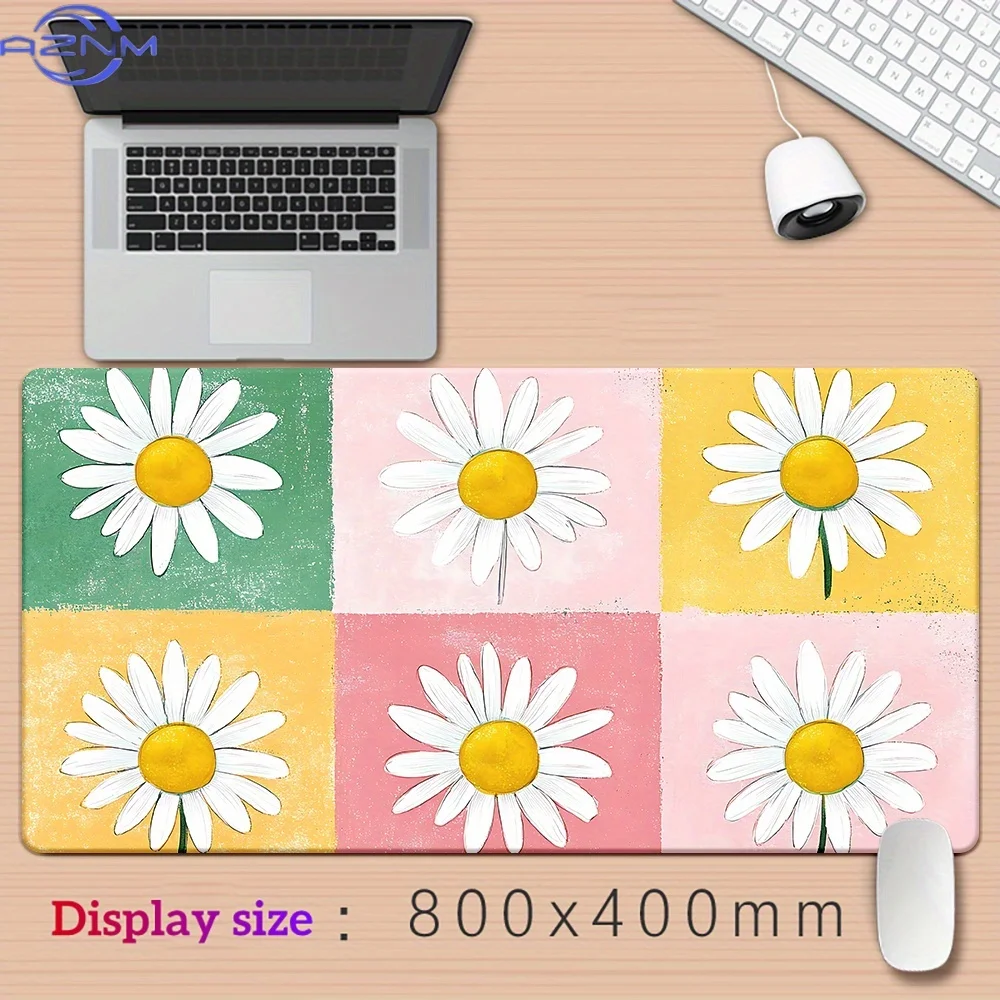 1pc Large Daisy Mouse Pad with Non-Slip Rubber Base & Soft Fabric Surface - Pastel Pink, Yellow, Green, White Floral Desk with W