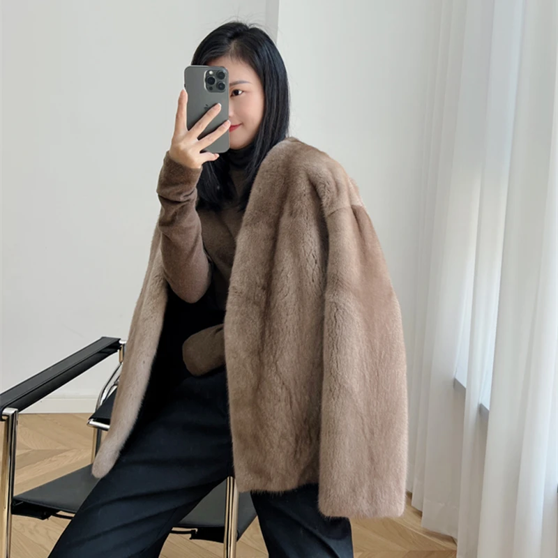 

2023 New Fashion Copenhagen Mink Whole Fur Women Coat Real Natural Fur Jacket V-neck Winter Thick Warm Female Mink Fur Jacket