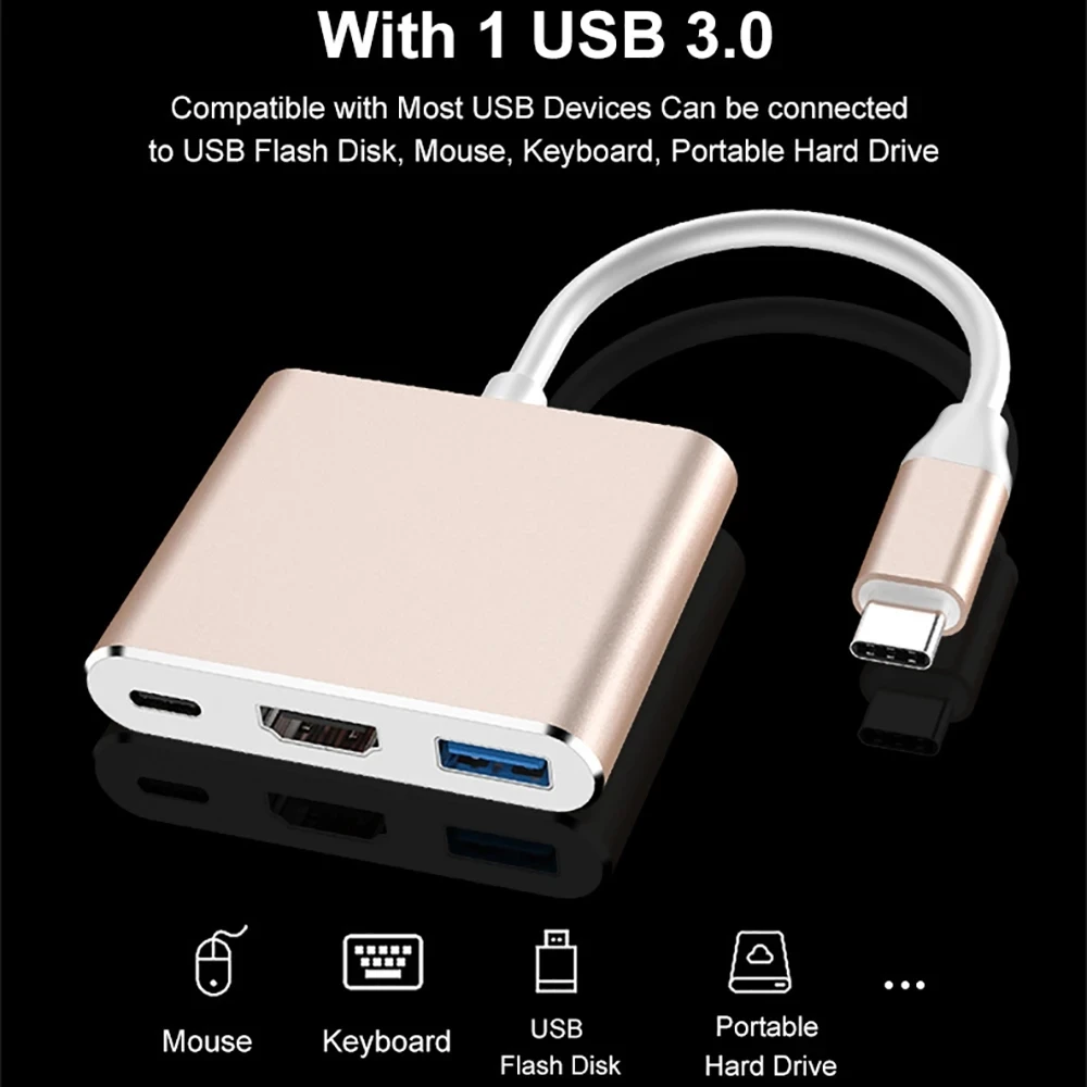 

ZLRLMHY Type-c 3-in-1 Converter Type-c To 3.0 Hub HDMI-compatible Video Adapter 4k Expansion Dock Cable for PC Laptop Macbook