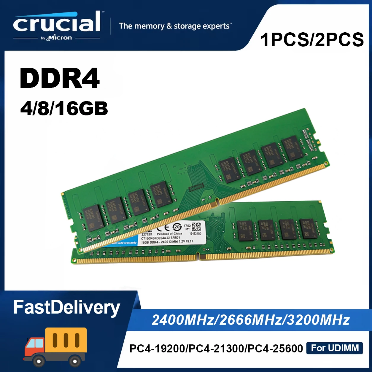 Crucial DDR4 UDIMM 2400/2666/3200MHz Desktop RAM 4GB/8GB/16GB Non-ECC Unbuffered 288-Pin 1.2V PC4-19200 21300 25600 1PCS/2PCS