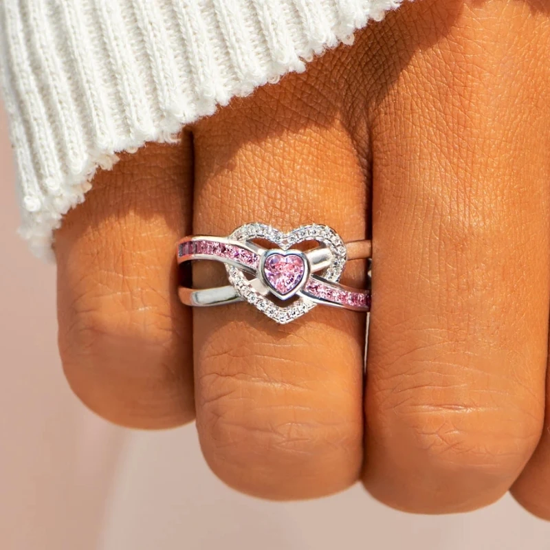 Huitan romantische rosa Herz Zirkonia Fingerring weibliche Ehering Schmuck Silber Farbe zarte Vorschlag Accessoires für Frauen