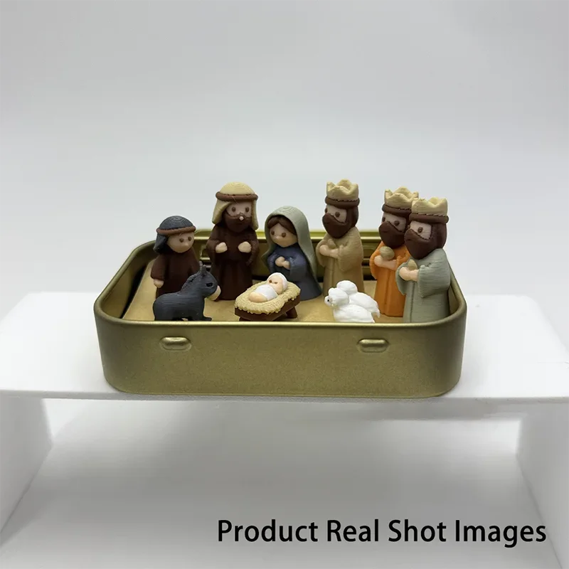Mini-Weihnachtskrippenset in einer kleinen Eisenbox, Krippenszene in Taschengröße mit Maria, Jesus und Hirten, niedliche Tierfiguren, Weihnachts- und Ostergeschenk, Dekoration. – Detail 5