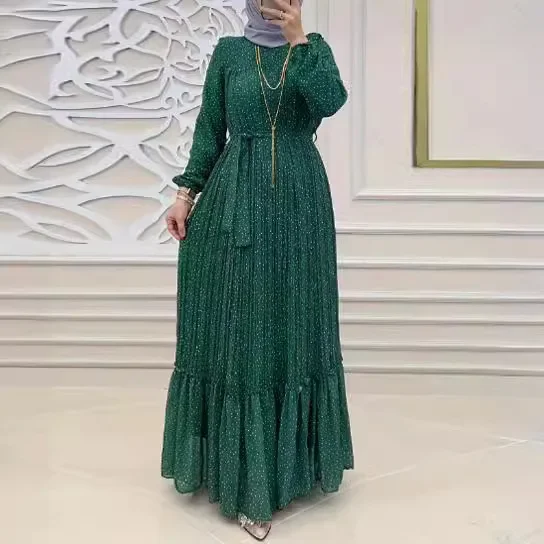 

High Waist for Party Abayas for Women Dress Long Sleeve Polka Dot Chiffon with Belt Robe O Neck Dubai Abayas Turkish Clothing