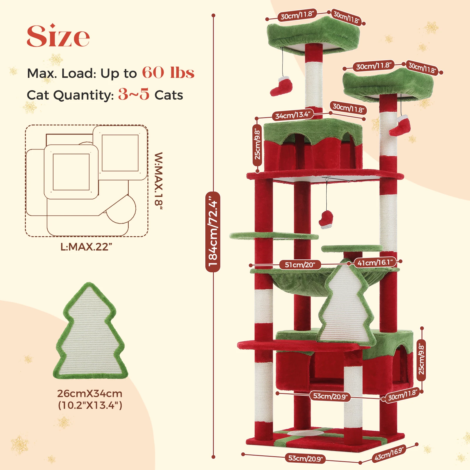 Weihnachts-Katzenbaumturm mit rot-grünem Eigentumswohnung, mehrstufiger Katzenturm mit Sisal-Kratzbäumen, Katzenmöbel für Hauskatzen – Detail 12