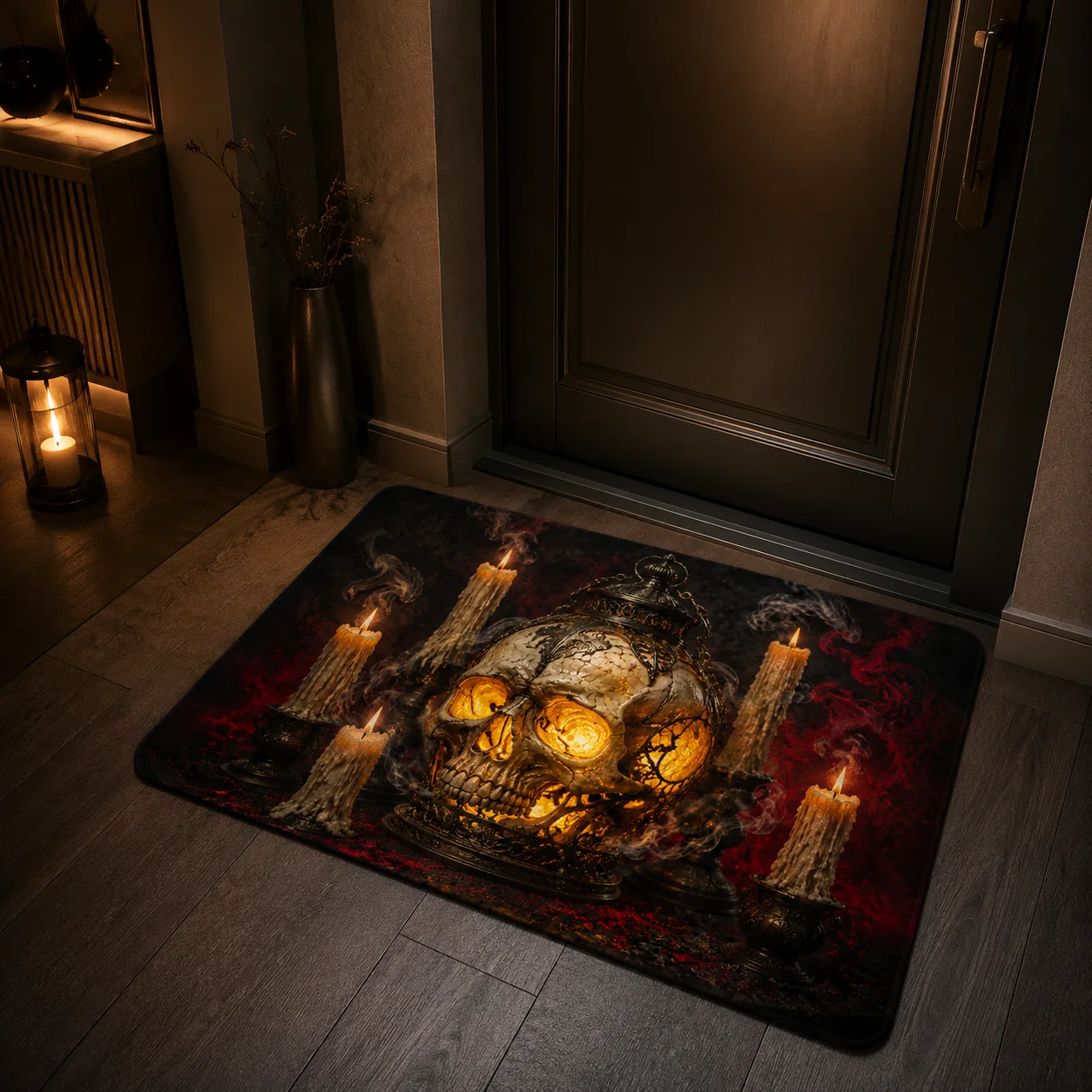 VIKAMA Skull Candle Gothic Flannel Square Rug, 7 Assorted Designs, Non-Slip Washable Halloween Decor Mat