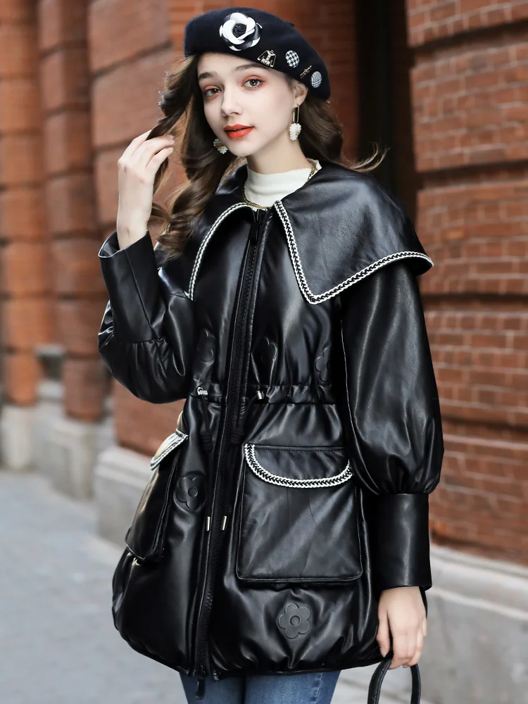 

2023 Fashion Patty Trend High Quality Sheepskin Down Fur Coat Wrapped Waist Navy Collar Genuine Leather Down Coat for Women