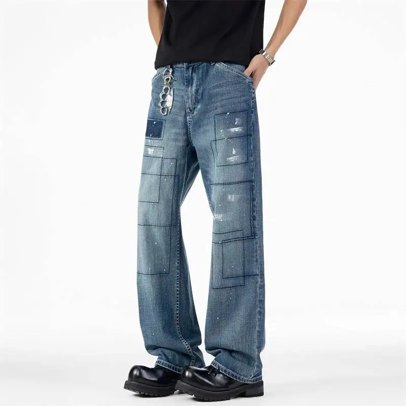 High End Men's Baggy Jeans American Casual Patchwork Paint Splatter Design High End Streetwear Denim Long Pants