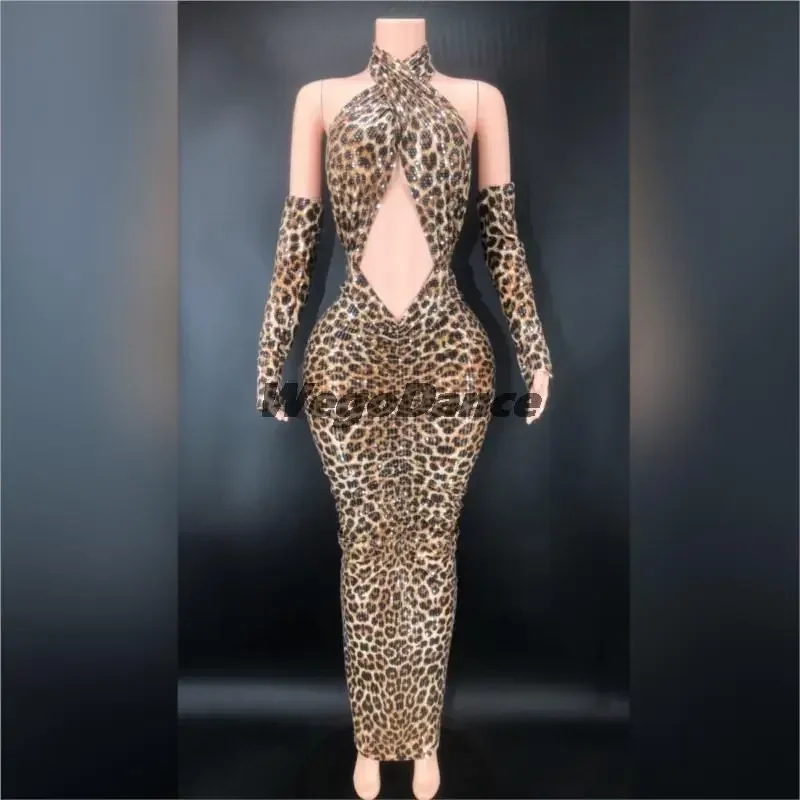 Lantejoulas sexy leopardo cruz penduradas luvas, vestido de festa sem encosto, clube mostra trajes, pescoço novo