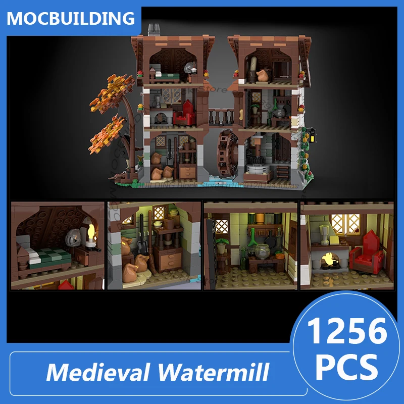 Castillo de molino de agua Medieval, modelo Moc, bloques de construcción Diy, colección de ladrillos, exhibición de arquitectura, juguetes de Navidad, regalos, 1256 Uds.