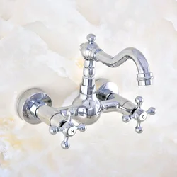 Polished Chrome Dual Cross Handles Wall Mounted Hot & Cold Bathroom Kitchen Basin Sink Swivel Faucet Mixer Tap znf577