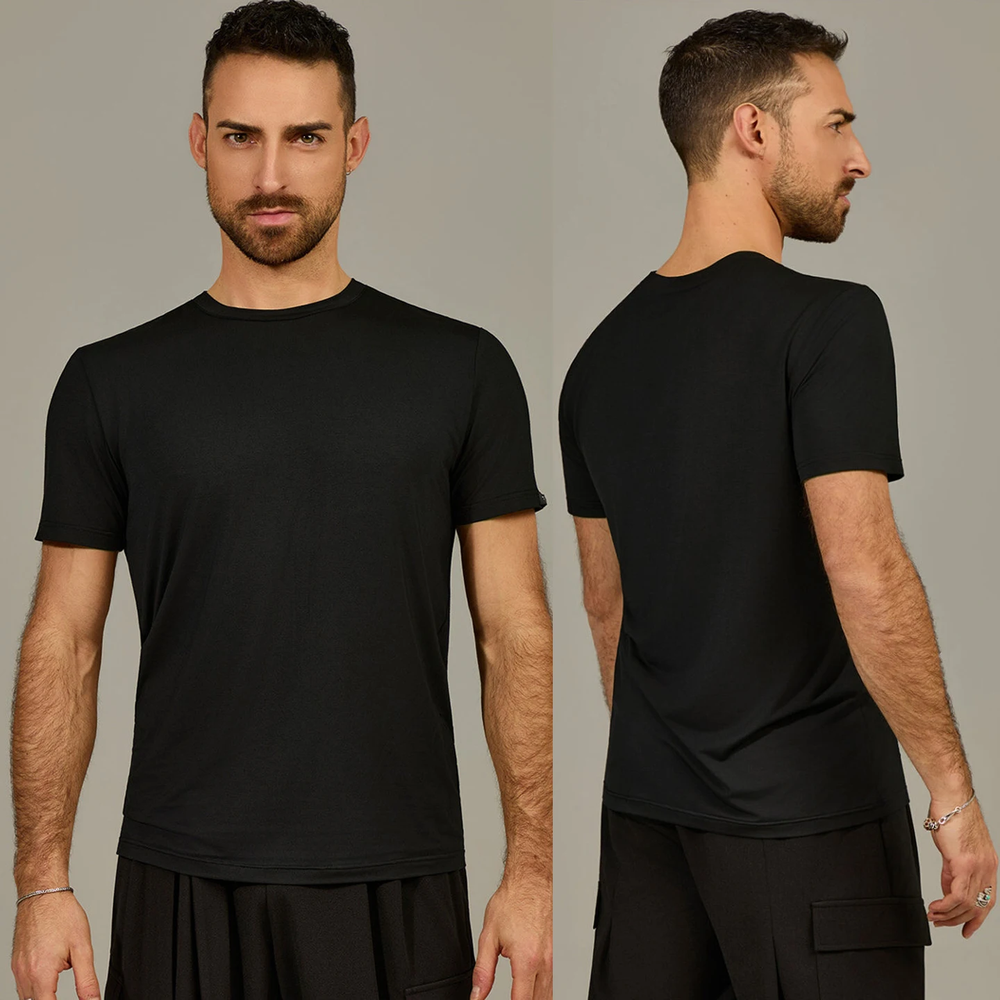 

Summer Latin Dance Clothes Male Adult Practice Tops Black Round Neck T Shirt Men Professional Rumba Ballroom Dance Wear SS2432