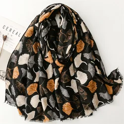 Vibrant Bohemian Ginkgo Biloba Floral Chic Scarf -Fashion Scarves with Multicolor Print, Thin Breathable Cotton Blend, Windproof