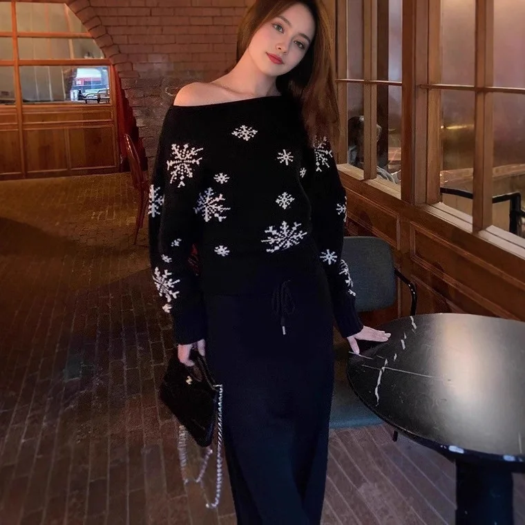 Merry Christmas Knit Snowflake Sweater Autumn Winter Warm Thick Jacquard Off-shoulder Pullover Jumper Versatile Pullover Femme