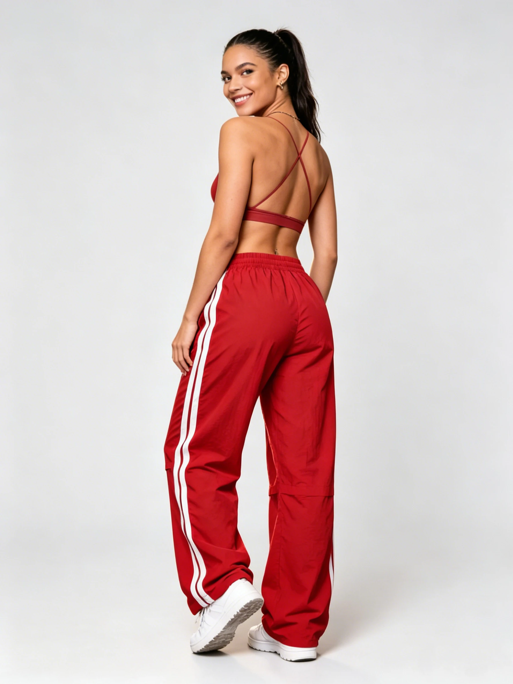 Gestreifte Damenhose, locker geschnitten, mit elastischem Bund und Kordelzug, gerade Beine, lässige Jogginghose, niedriger Bund, weit geschnittene Hose für Outdoor-Sportarten – Detail 7